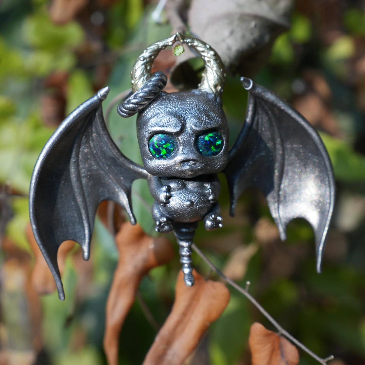 925 Silver Bat Pendant with Opal | Handmade Gothic Necklace | Fantasy Jewelry Gift for Halloween & Dark Art Lovers