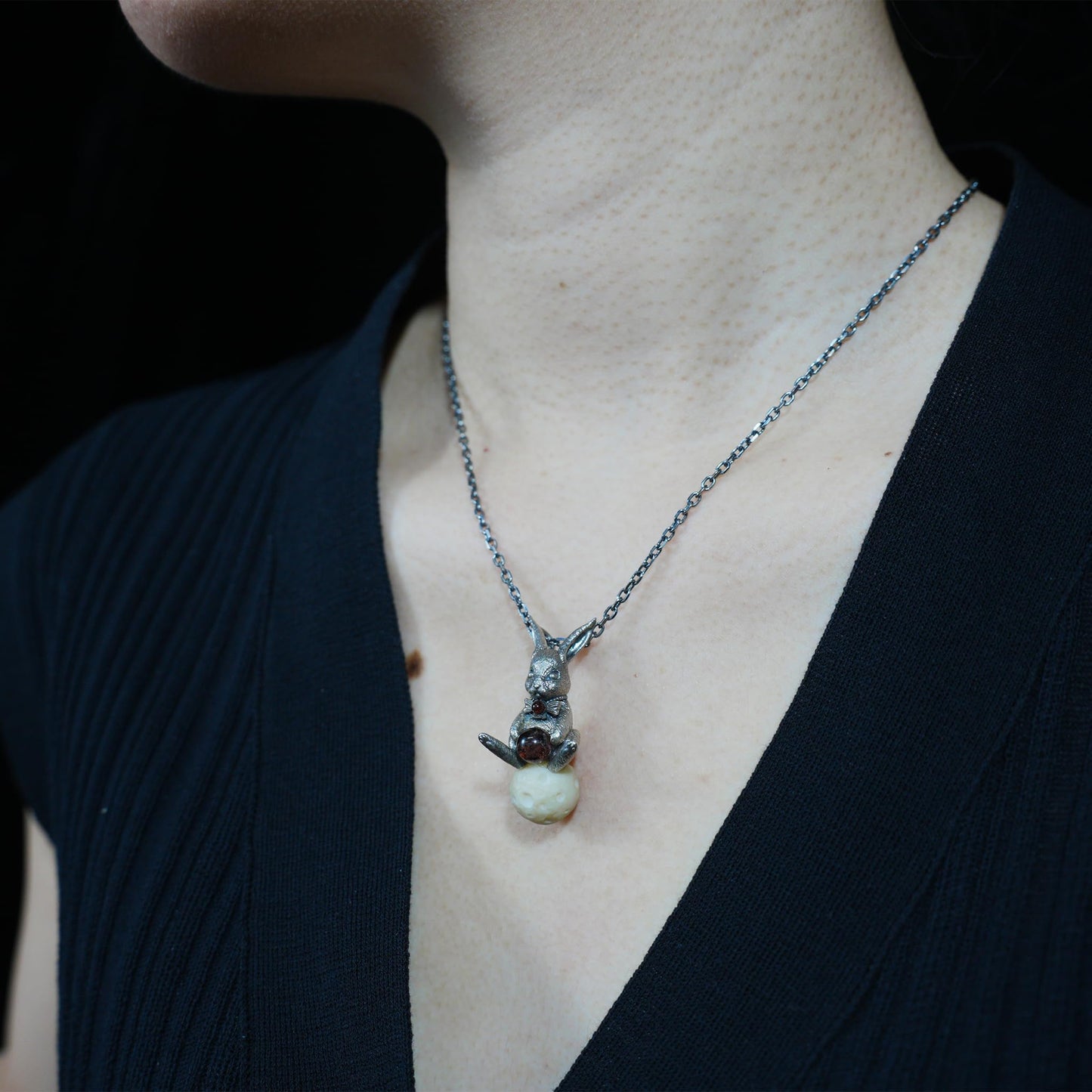 925 Sterling Silver Moon Rabbit Pendant with Red Agate & Phantom Quartz | Handmade Fantasy Necklace | Symbolic Spring Totem Jewelry Gift