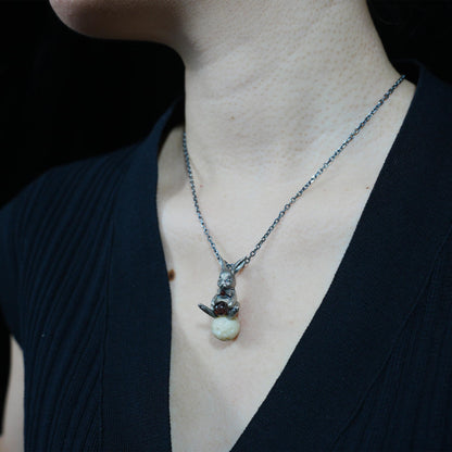 925 Sterling Silver Moon Rabbit Pendant with Red Agate & Phantom Quartz | Handmade Fantasy Necklace | Symbolic Spring Totem Jewelry Gift