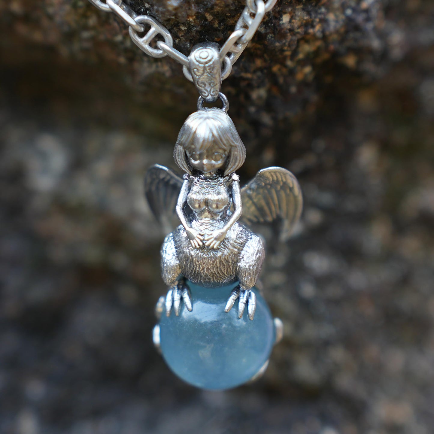 Mystical Harpy Pendant | 925 Sterling Silver Necklace with Aquamarine | Handmade Fantasy Jewelry Gift for Collectors & Myth Lovers