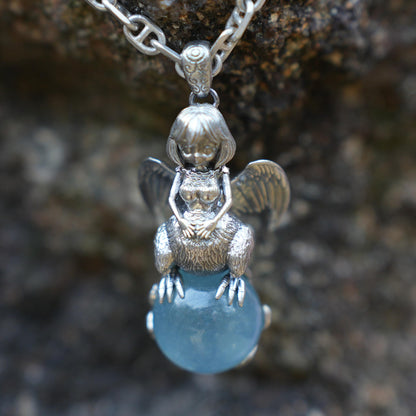 Mystical Harpy Pendant | 925 Sterling Silver Necklace with Aquamarine | Handmade Fantasy Jewelry Gift for Collectors & Myth Lovers