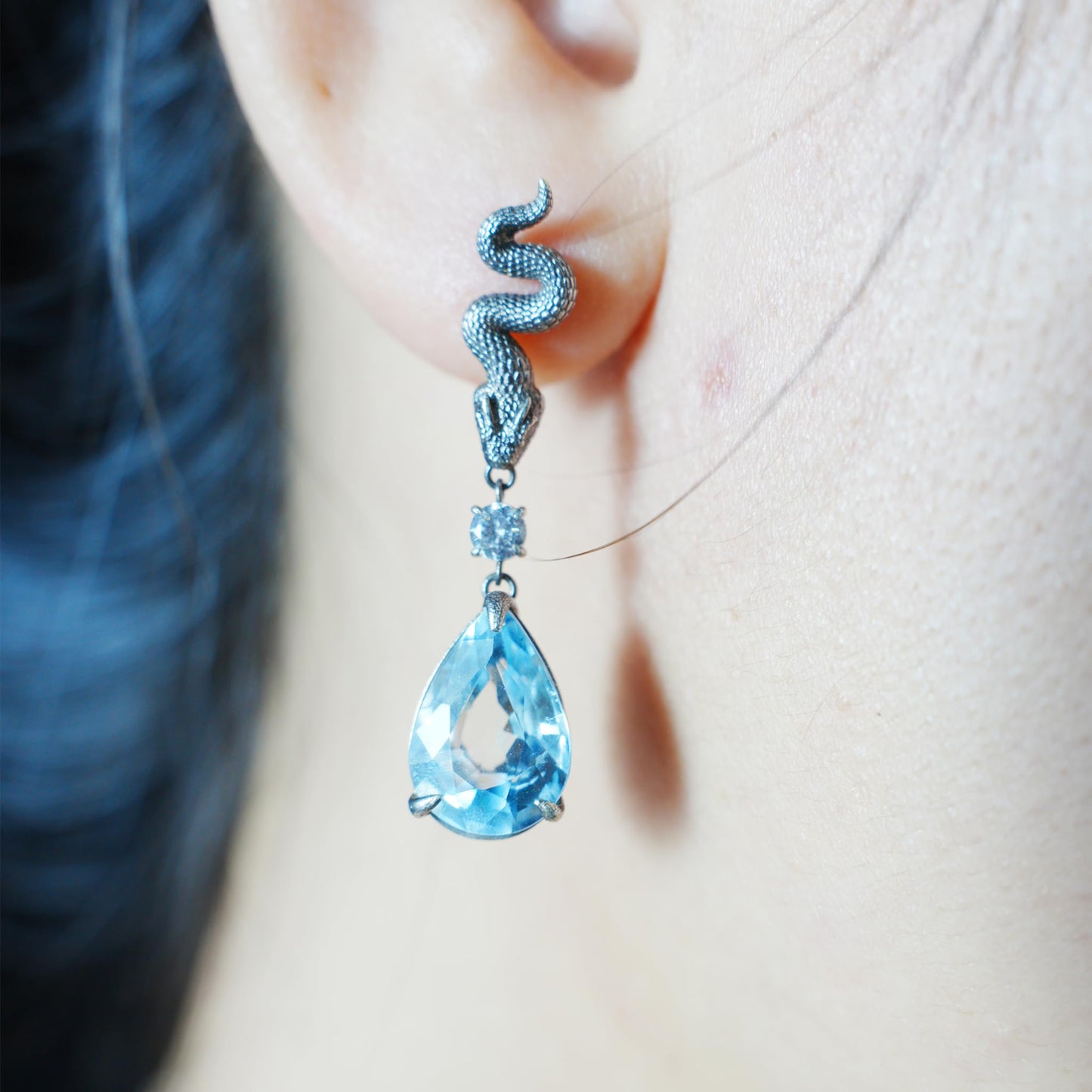 925 Sterling Silver Snake Drop Earrings with Aquamarine | Handcrafted Myth-Inspired Serpent Jewelry for Healing & Protection