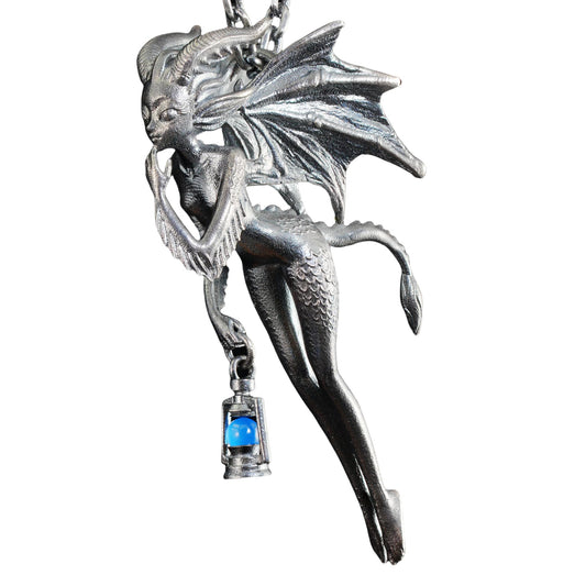 Dragon Girl Pendant | 925 Silver Fantasy Necklace with Green Chalcedony Lantern | Symbol of Courage & Inner Light