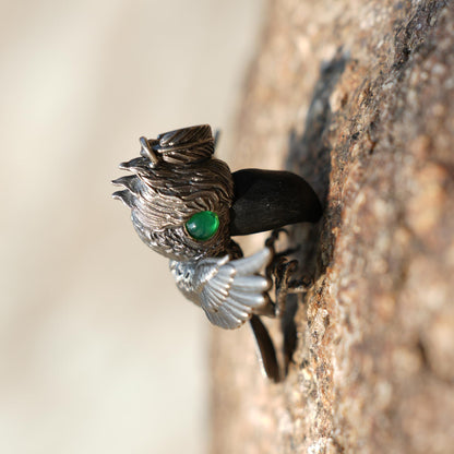 Shoebill Bird Pendant in 925 Sterling Silver with Black Agate & Green Tourmaline | Handmade Nature-Inspired Jewelry for Bird Lovers