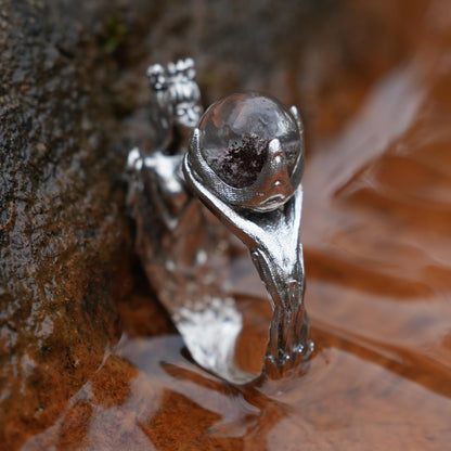 925 Silver Soul Guardian Crown Ring with Phantom Quartz | Handmade Fantasy Jewelry | Symbolic Ring of Protection & Strength