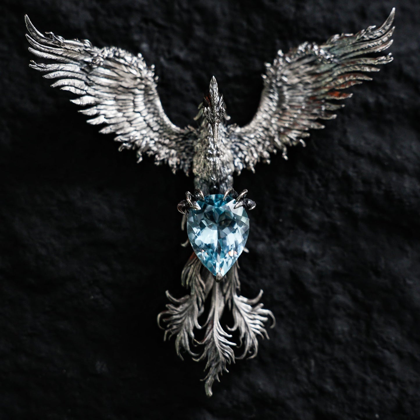 Handmade Phoenix Pendant Brooch | 925 Silver Jewelry with Aquamarine | Symbol of Rebirth & Strength | Gothic Fantasy Gift for Her