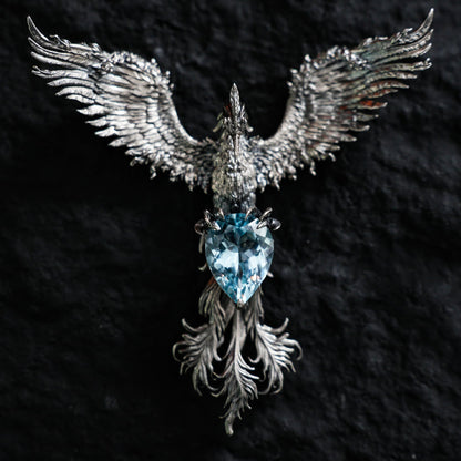 Handmade Phoenix Pendant Brooch | 925 Silver Jewelry with Aquamarine | Symbol of Rebirth & Strength | Gothic Fantasy Gift for Her