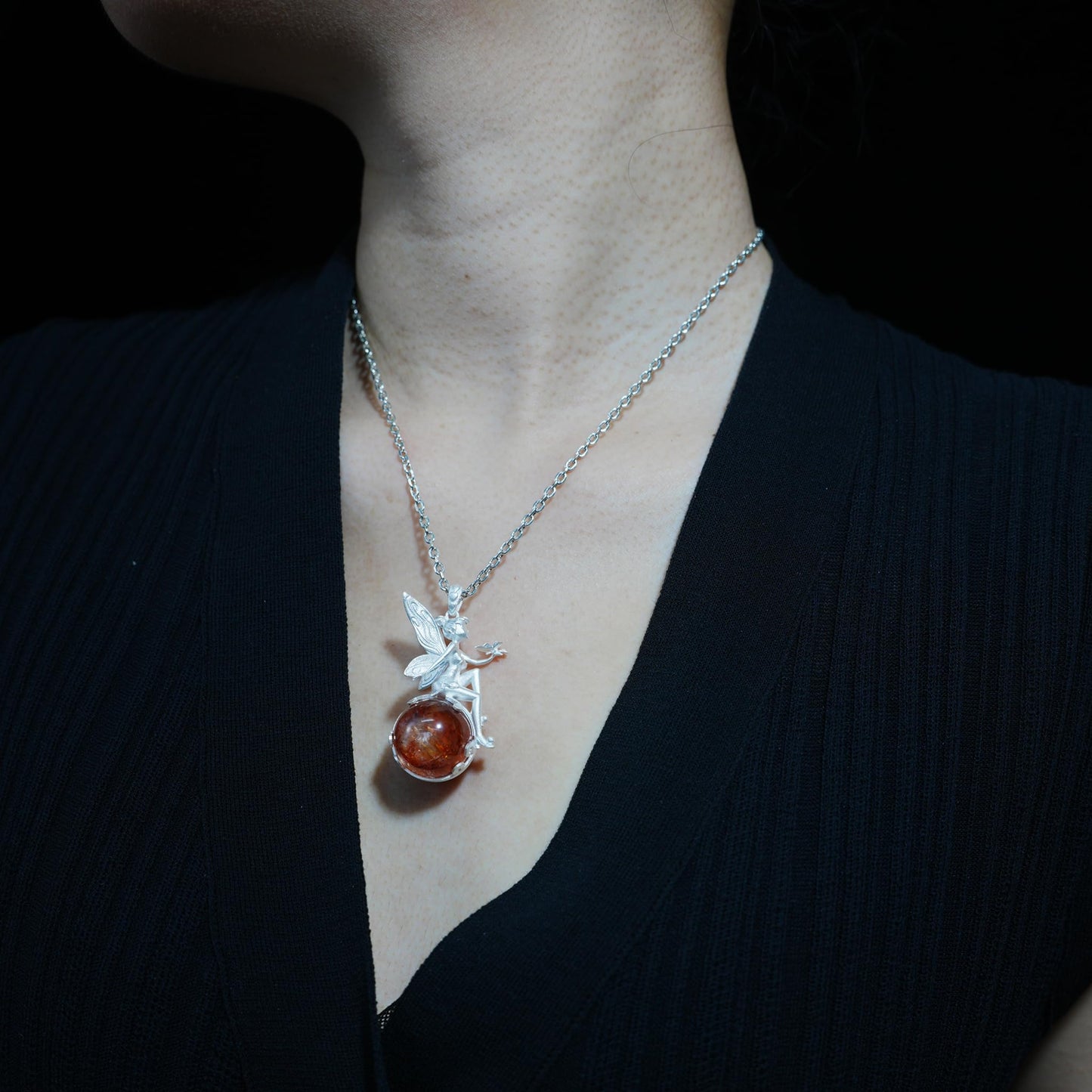 Fairy Pendant Necklace in 925 Sterling Silver with Moss Quartz | Handmade Fantasy Jewelry with Nature Spirit Elf Design | Mystical Keepsake Gift for Adults