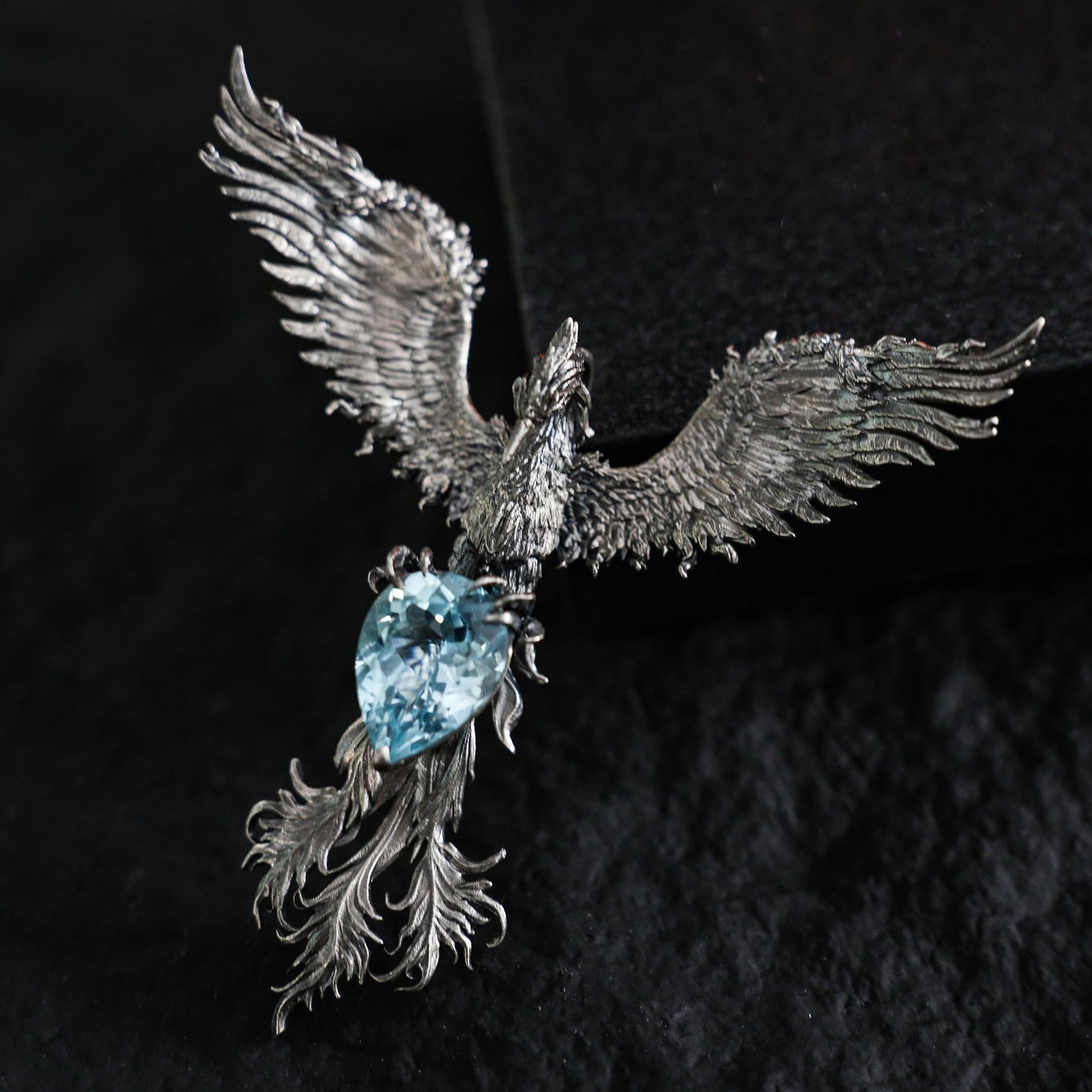 Handmade Phoenix Pendant Brooch | 925 Silver Jewelry with Aquamarine | Symbol of Rebirth & Strength | Gothic Fantasy Gift for Her