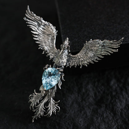 Handmade Phoenix Pendant Brooch | 925 Silver Jewelry with Aquamarine | Symbol of Rebirth & Strength | Gothic Fantasy Gift for Her
