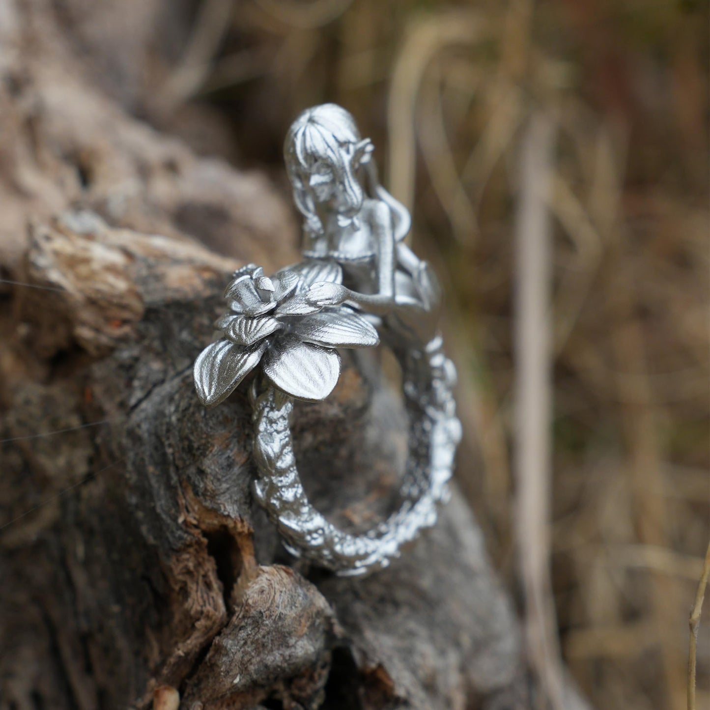 Fairy Flower Ring in 925 Sterling Silver | Handmade Fantasy Jewelry with Phantom Stone | Nature-Inspired Gift for Her