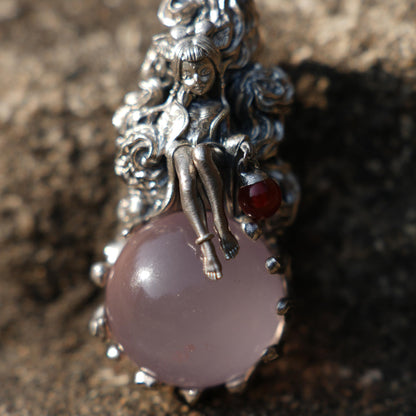 Rose Quartz Pendant with Carnelian Lantern | 925 Sterling Silver Healing Necklace | Handmade Fantasy Amulet Gift for Women & Wiccan Souls