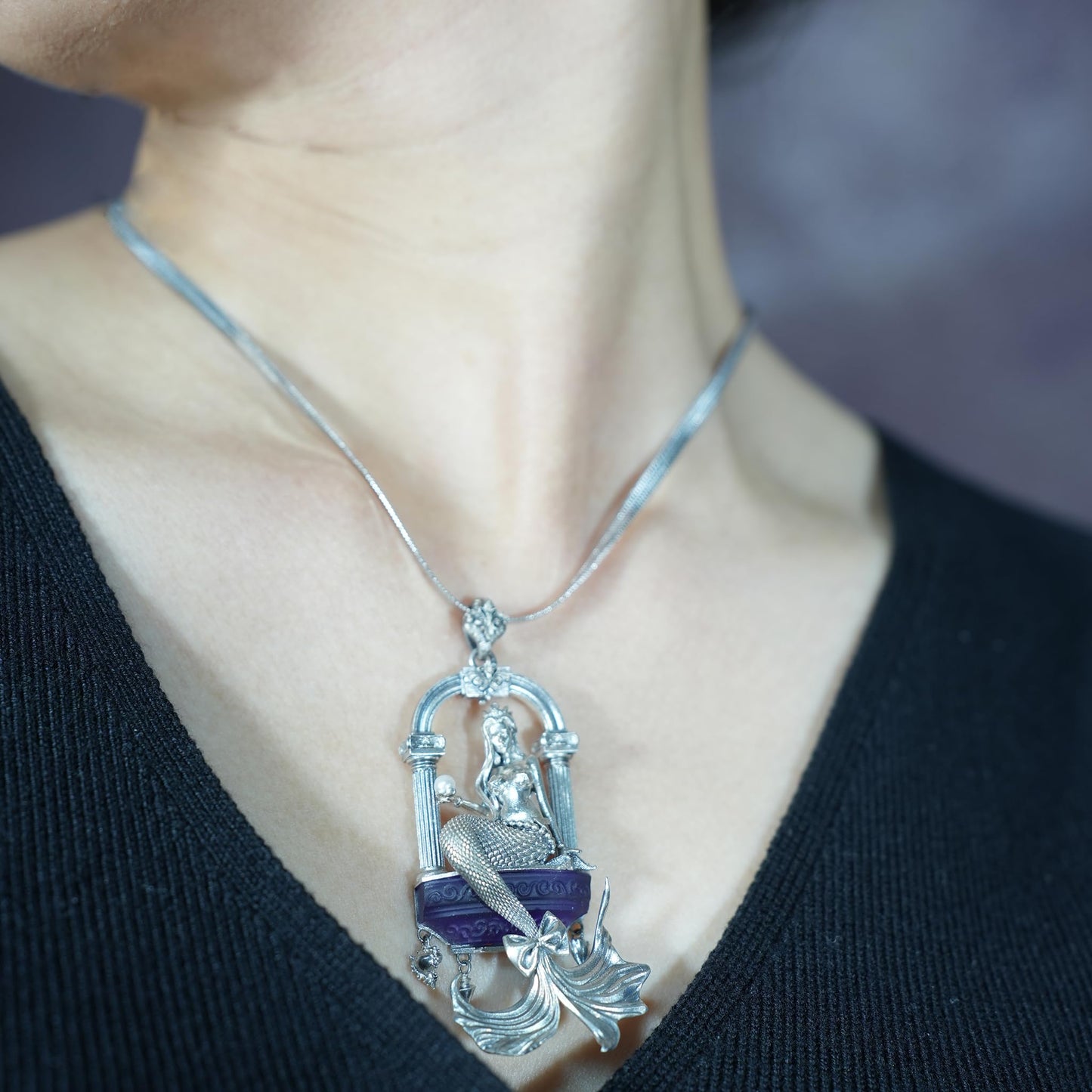 Amethyst Mermaid Pendant | Handcrafted 925 Sterling Silver Ocean Goddess Necklace | Fantasy Sea Jewelry Gift for Her, Unique Mythical Art