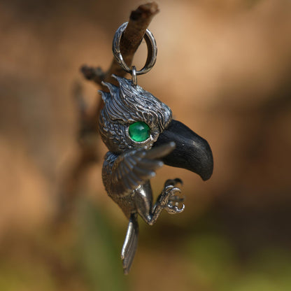 Shoebill Bird Pendant in 925 Sterling Silver with Black Agate & Green Tourmaline | Handmade Nature-Inspired Jewelry for Bird Lovers