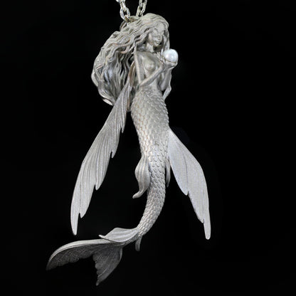 925 Sterling Silver Flying Fish Mermaid Pendant Necklace with Freshwater Pearl | Handcrafted Ocean Fantasy Jewelry | Mythical Sea Spirit Gift for Her