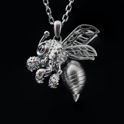 925 Sterling Silver Bee Pendant Necklace with Black Onyx | Handmade Nature Jewelry | Good Luck Charm & Eco Gift for Her