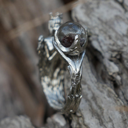925 Silver Soul Guardian Crown Ring with Phantom Quartz | Handmade Fantasy Jewelry | Symbolic Ring of Protection & Strength