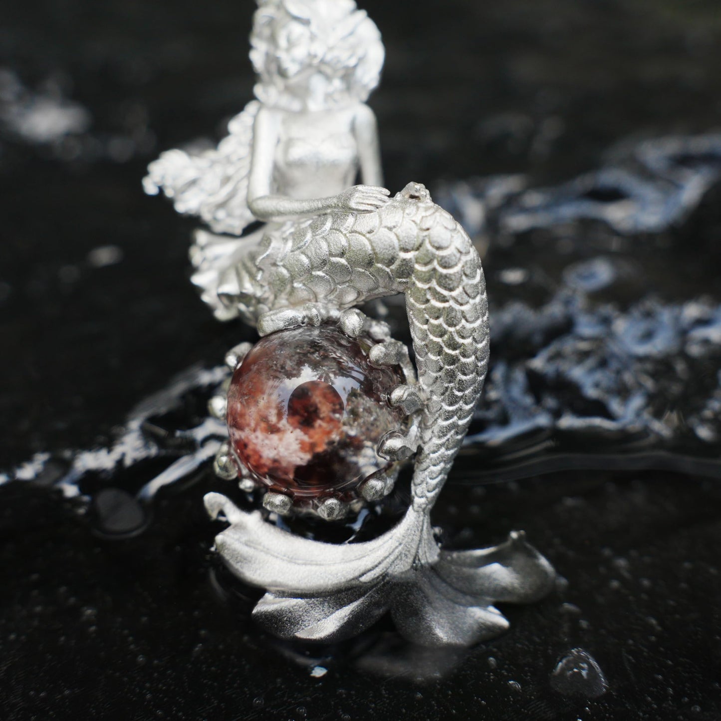 Ocean-Themed Mermaid Necklace | 925 Sterling Silver, Handmade | Crown, Seated Pose | Hand-Engraved Fin | Amulet | Gift for Her