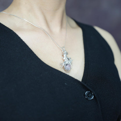 Witch Riding Cat Pendant | 925 Sterling Silver with Phantom Quartz | Handmade Fantasy Jewelry Gift for Magic Lovers & Collectors