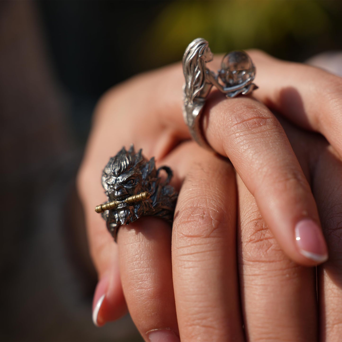 Monkey King Ring in 925 Sterling Silver | Handmade Mythic Jewelry with Gold Accents | Fantasy Artisan Gift for Him