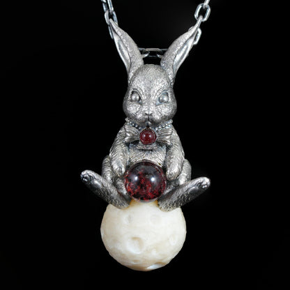 925 Sterling Silver Moon Rabbit Pendant with Red Agate & Phantom Quartz | Handmade Fantasy Necklace | Symbolic Spring Totem Jewelry Gift