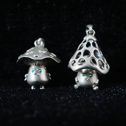 Mushroom Spirit Pendant | Forest Guardian Necklace with Green Zircon Eyes | Fairycore Nature Jewelry Gift for Sensitive Souls