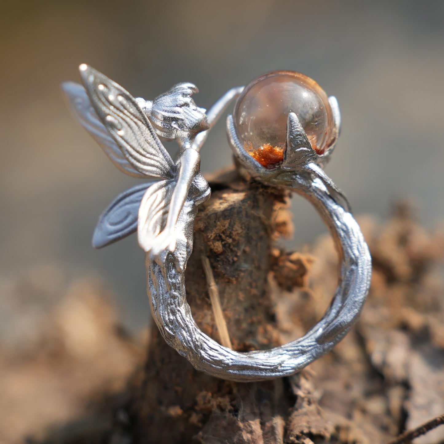 925 Sterling Silver Forest Elf Ring with Natural Phantom Quartz | Handcrafted Nature Fantasy Jewelry | Symbolic Ring for Nature Lovers