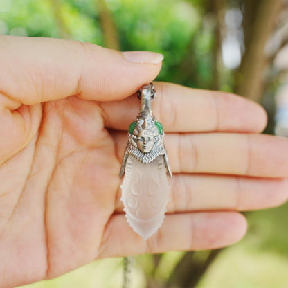 Carved Rock Crystal Pendant with Green Chalcedony | Handmade Gothic Totem Necklace in 925 Sterling Silver | Spiritual Gift for Her