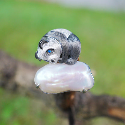 925 Silber Panda Brosche Anhänger, Handgefertigt mit Barockperle, 2-in-1 Design Schmuck, Symbol für Reinheit & Ruhe, Geschenk für Damen & Herren