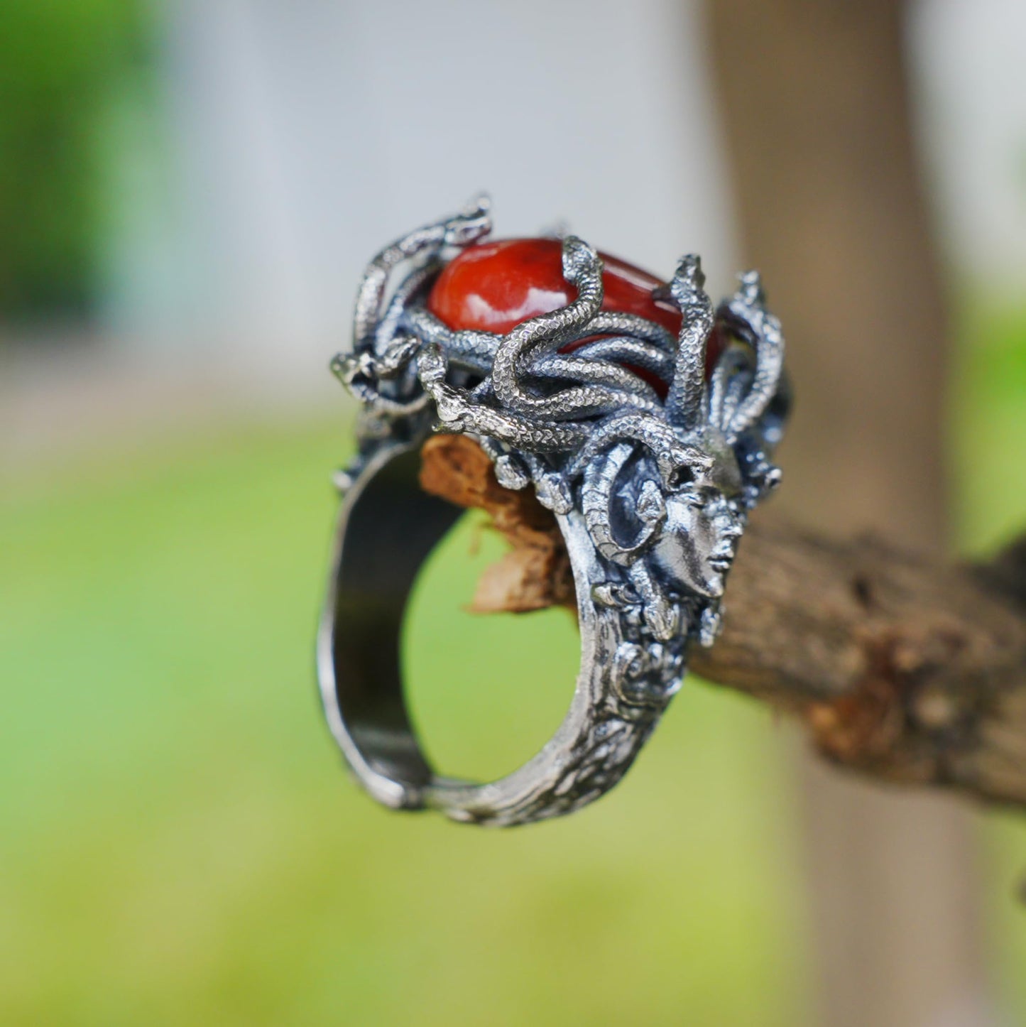 925 Silver Medusa Ring with Red Agate | Handmade Gothic Baroque Jewelry | Fantasy Statement Ring for Dark Aesthetics