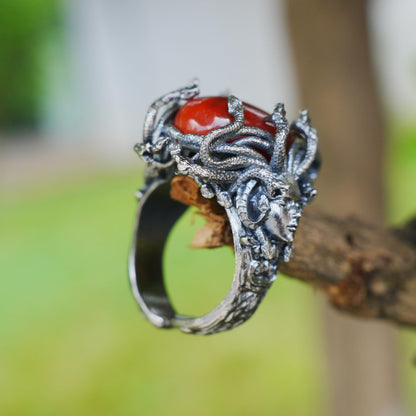 925 Silver Medusa Ring with Red Agate | Handmade Gothic Baroque Jewelry | Fantasy Statement Ring for Dark Aesthetics