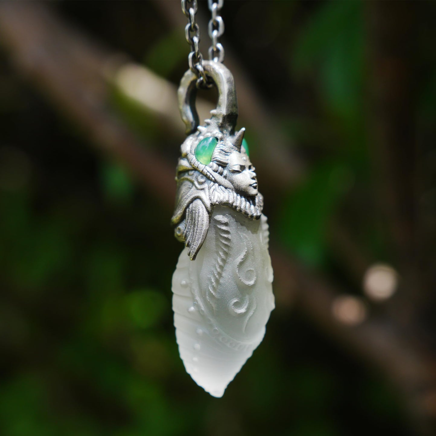 Carved Rock Crystal Pendant with Green Chalcedony | Handmade Gothic Totem Necklace in 925 Sterling Silver | Spiritual Gift for Her