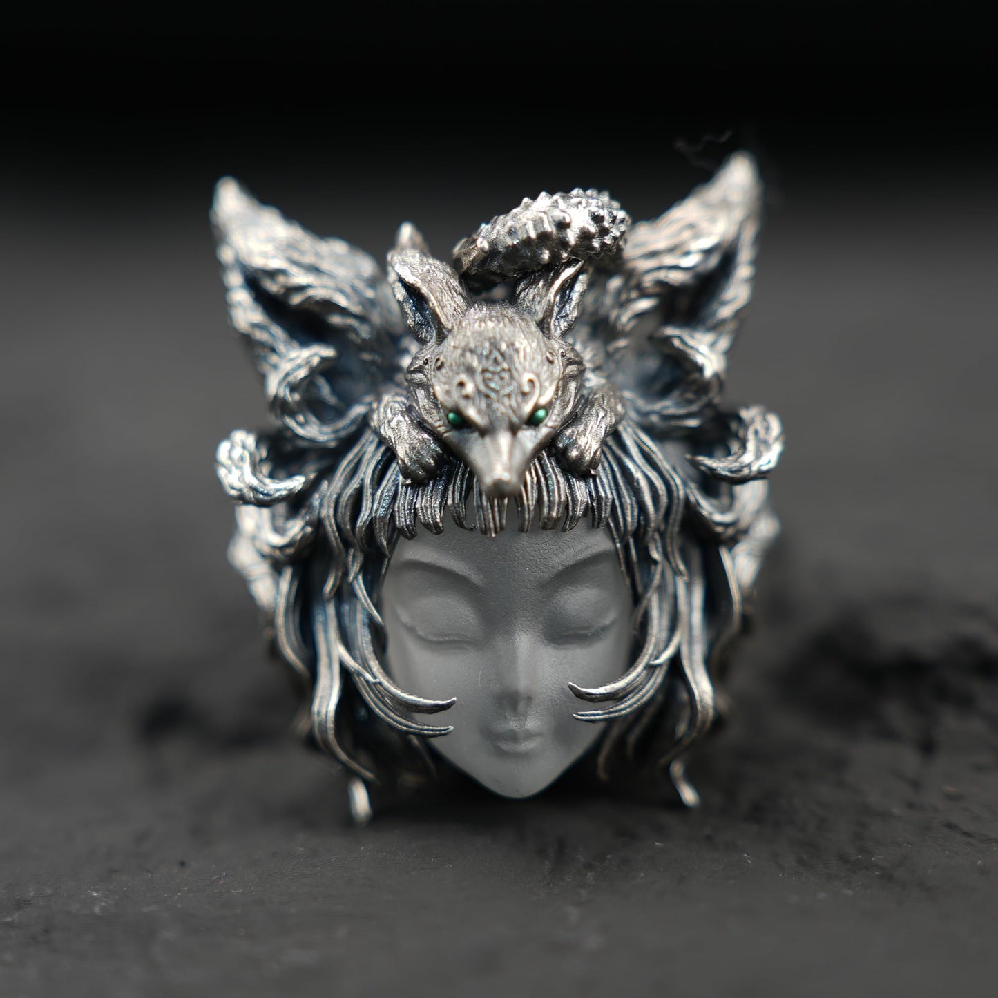 925 Sterling Silver Fox Spirit Pendant with White Crystal | Handmade Mythical Amulet Necklace | Gothic Fantasy Talisman for Her