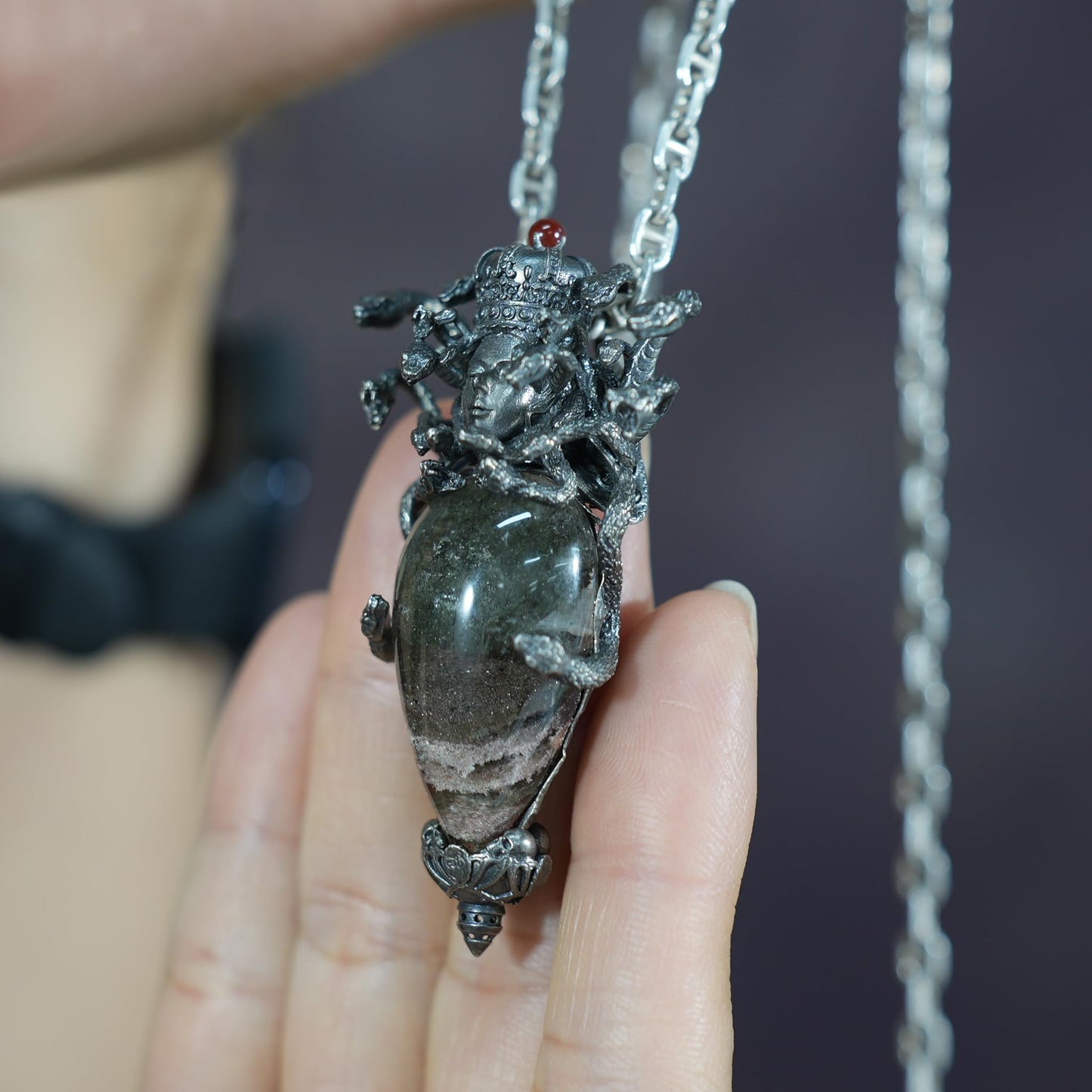 Medusa’s Gaze Pendant | 925 Sterling Silver & Phantom Quartz Necklace | Handcrafted Mythical Jewelry Gift for Fantasy & Art Lovers