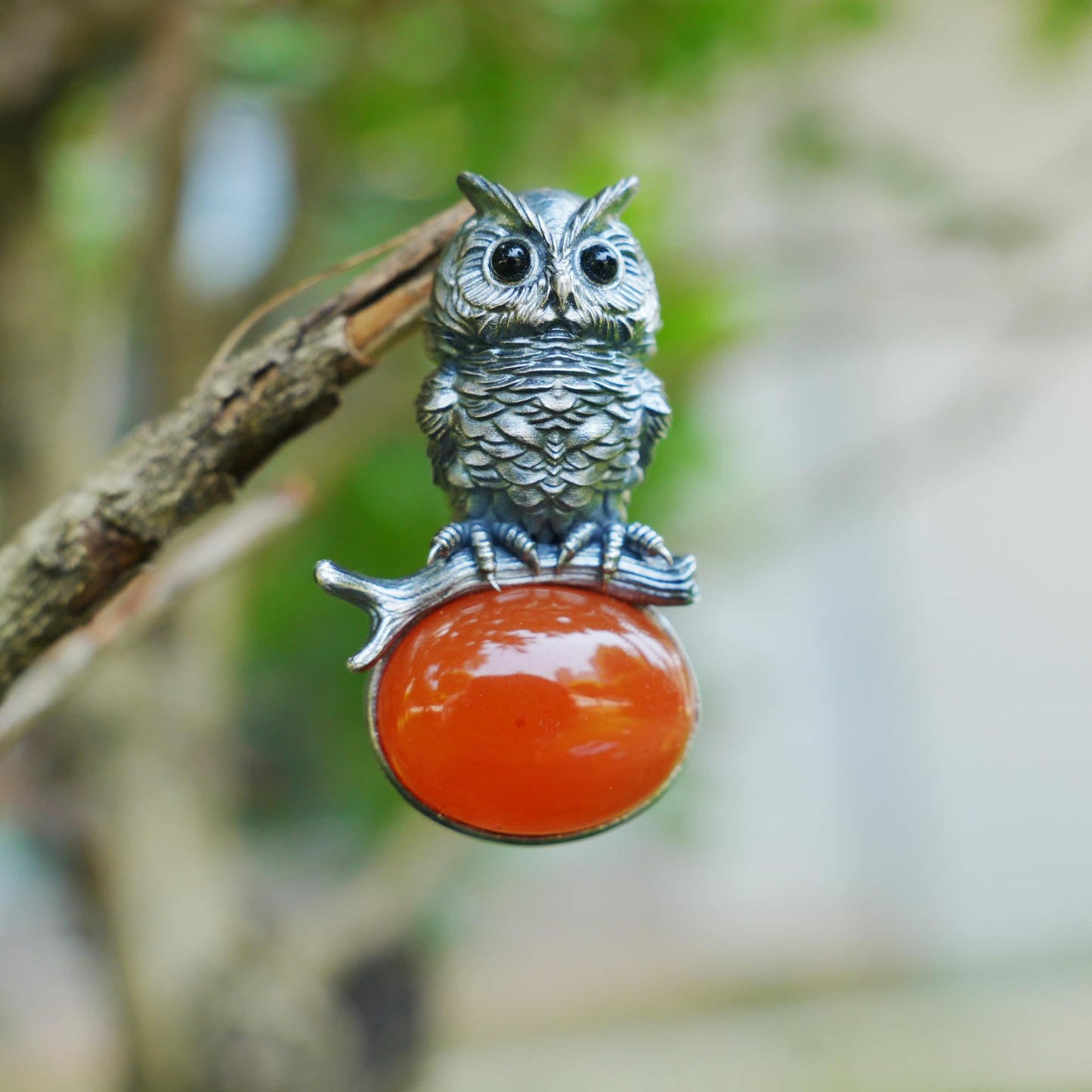Owl Carnelian Pendant | Handmade 925 Sterling Silver Necklace with Onyx Eyes | Nature-Inspired Jewelry Symbolizing Wisdom & Courage | Artisan Gift