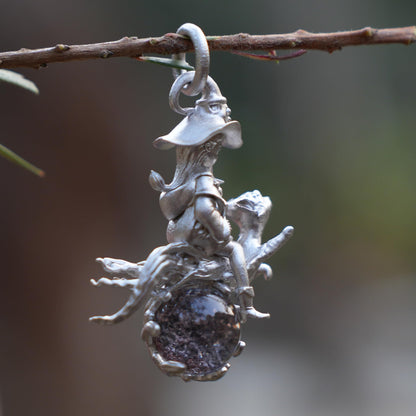 Witch Riding Cat Pendant | 925 Sterling Silver with Phantom Quartz | Handmade Fantasy Jewelry Gift for Magic Lovers & Collectors
