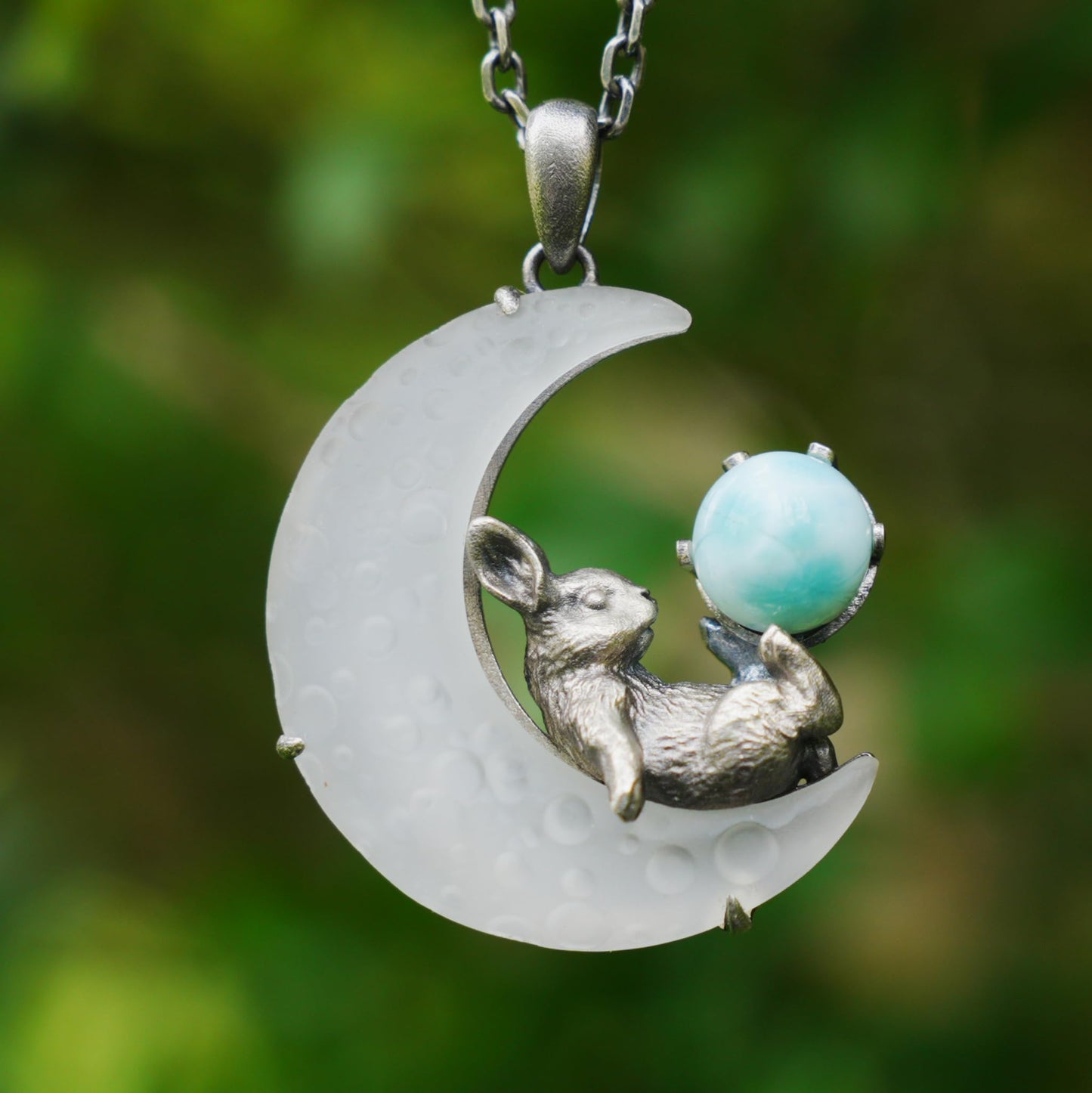 Rabbit Pendant with Larimar & White Quartz Moon | Handcrafted Fantasy Jewelry | Celestial Totem Gift for Serenity