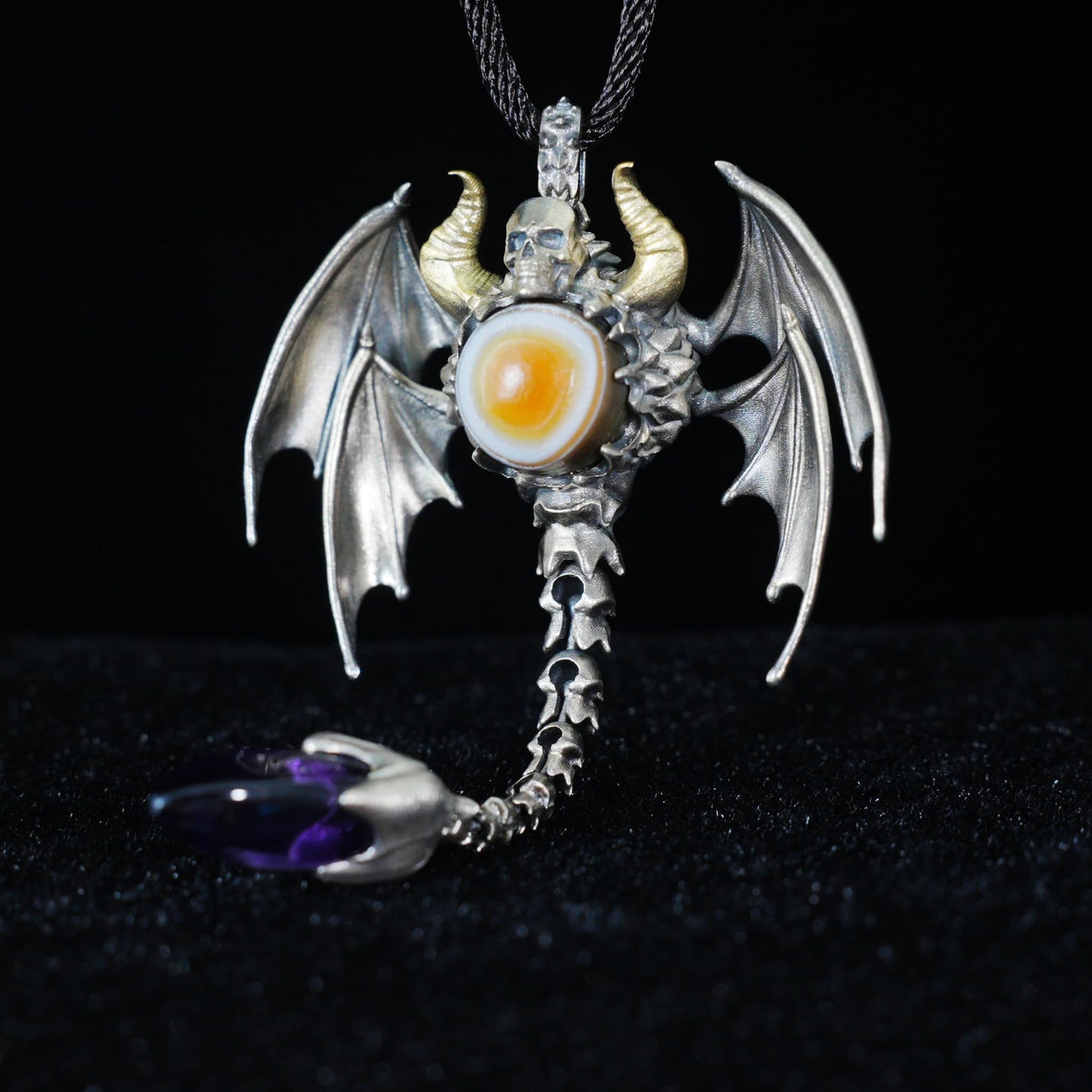 Gothic Totem Pendant | 925 Silver & Brass Necklace with Amethyst Drop and Opal Eye | Handmade Fantasy Jewelry for Him