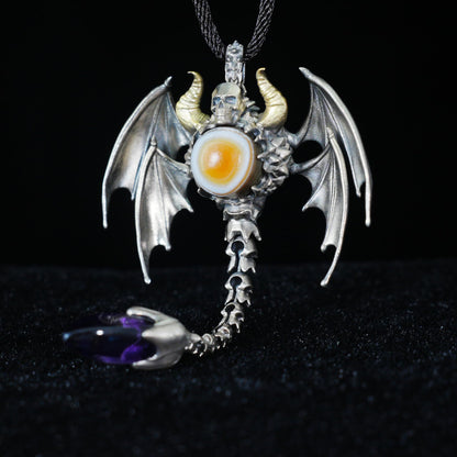 Gothic Totem Pendant | 925 Silver & Brass Necklace with Amethyst Drop and Opal Eye | Handmade Fantasy Jewelry for Him