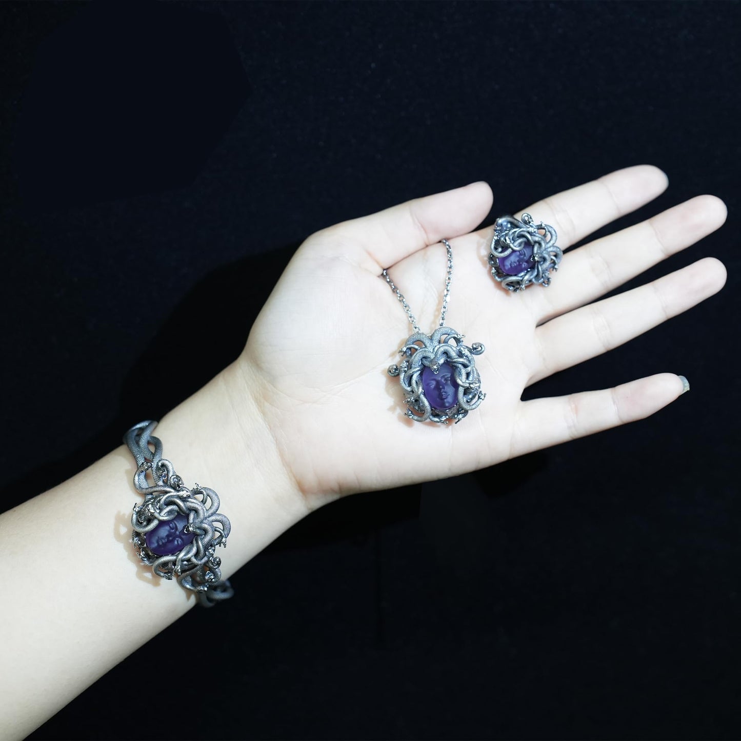 Medusa Amethyst Jewelry Set | 925 Sterling Silver Pendant, Ring & Bracelet | Gothic Mythology-Inspired Handmade Statement Jewelry Gift