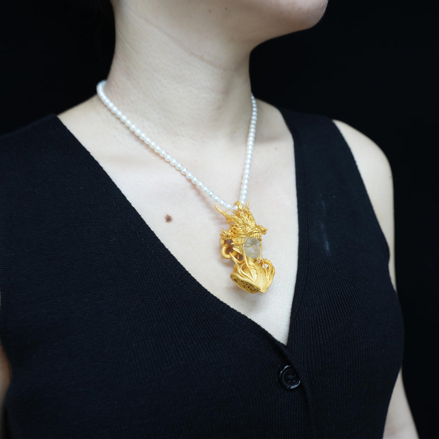 Golden Dragon Lady Pendant | 925 Sterling Silver with 24K Gold Plating & White Crystal | Symbol of Dragon Spirit, Strength & Soul Protection | Handmade Fantasy Jewelry