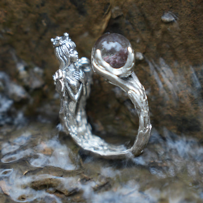 925 Silver Soul Guardian Crown Ring with Phantom Quartz | Handmade Fantasy Jewelry | Symbolic Ring of Protection & Strength