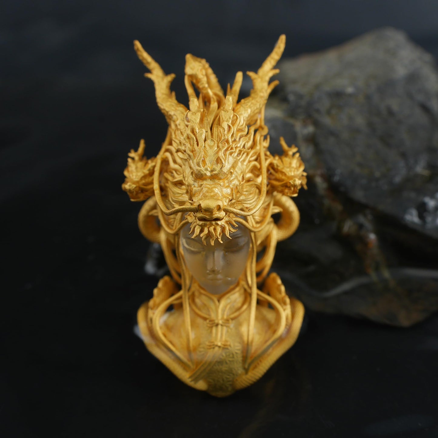 Golden Dragon Lady Pendant | 925 Sterling Silver with 24K Gold Plating & White Crystal | Symbol of Dragon Spirit, Strength & Soul Protection | Handmade Fantasy Jewelry