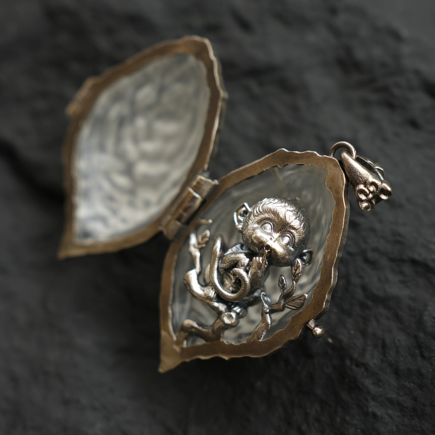 Crystal Peach Pendant | 925 Silver Monkey Spirit Amulet with Clear Quartz | Handmade Fantasy Jewelry