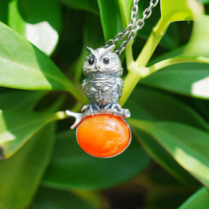 Owl Carnelian Pendant | Handmade 925 Sterling Silver Necklace with Onyx Eyes | Nature-Inspired Jewelry Symbolizing Wisdom & Courage | Artisan Gift