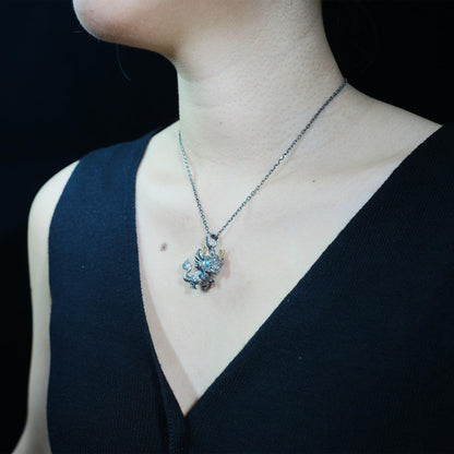 Handmade Fantasy Jewelry | Dragon Totem Necklace | Silver–Copper Bicolor Horn Crown | Labradorite Blue Eye | Handmade Gift