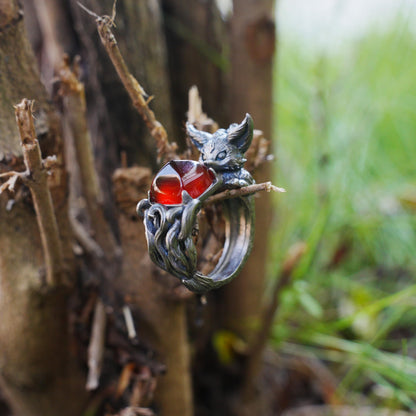 Fox Ring Garnet Protection Talisman | Fantasy Animal Jewelry | Handmade Nature Spirit Ring | Woodland Amulet for Inner Desire