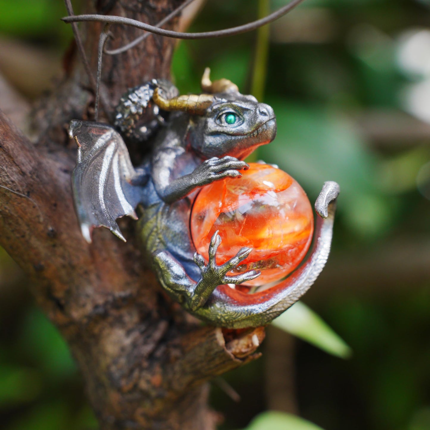 Dragon Pendant with Orange Crystal | Gothic Fantasy Necklace | Handmade Symbolic Talisman for Men & Women