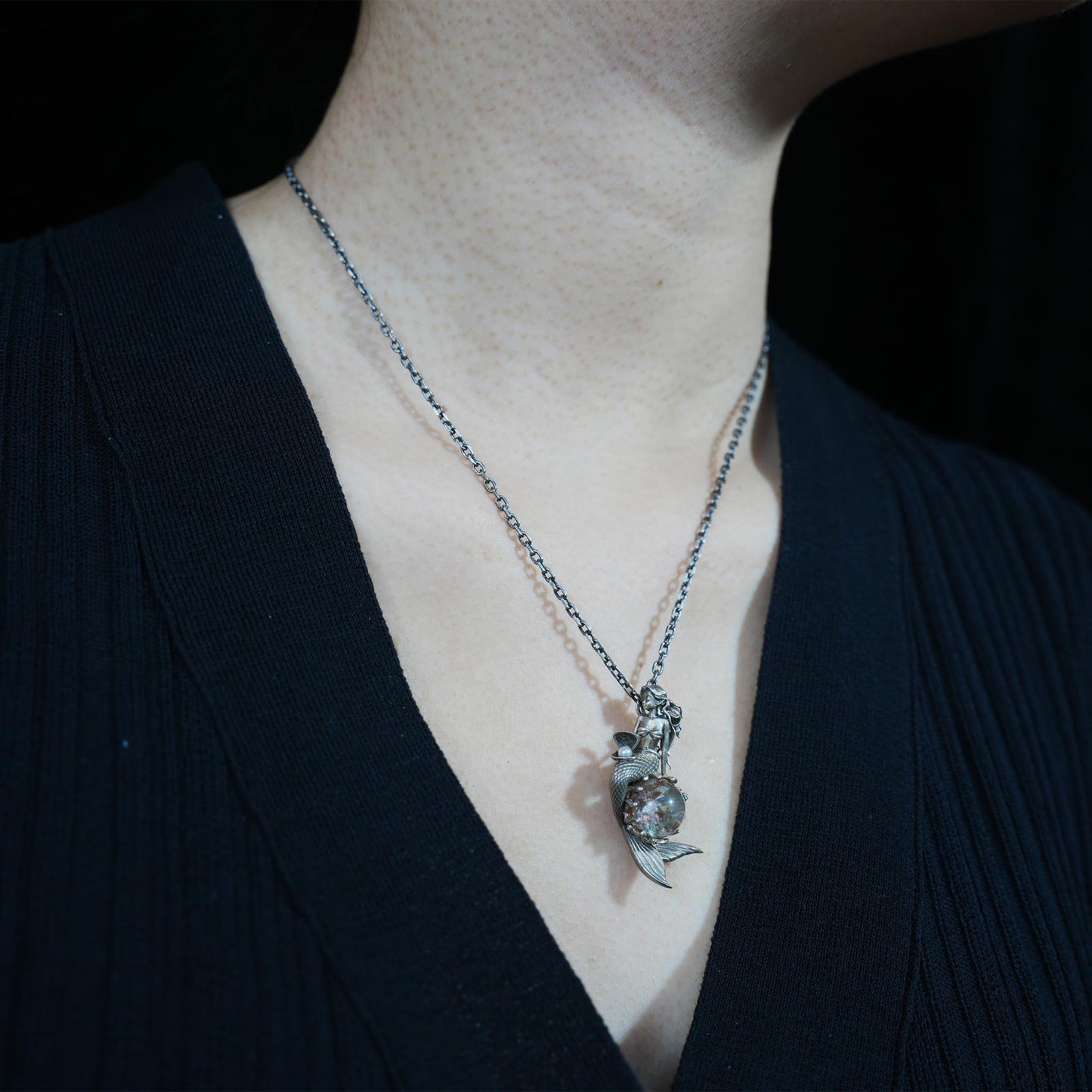 925 Silver Mermaid Pendant with Phantom Quartz & Pearl | Handmade Ocean Fantasy Amulet Necklace | Mythical Sea Spirit Jewelry Gift