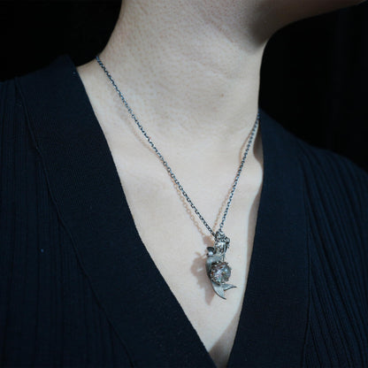 925 Silver Mermaid Pendant with Phantom Quartz & Pearl | Handmade Ocean Fantasy Amulet Necklace | Mythical Sea Spirit Jewelry Gift